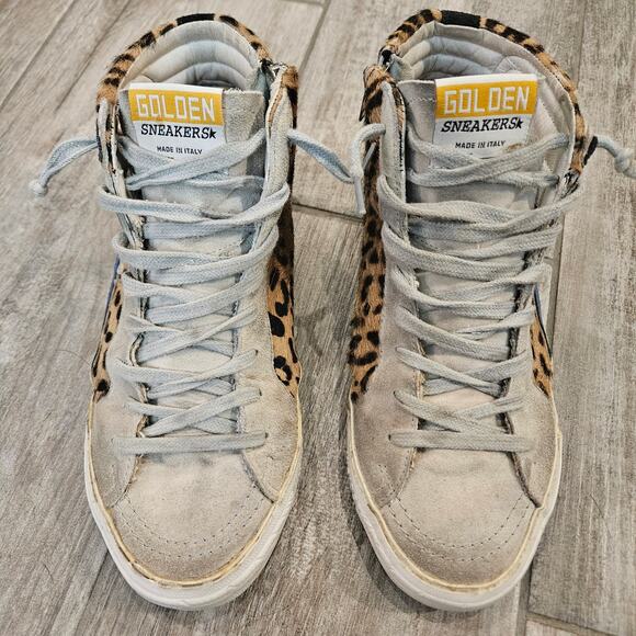 Golden Goose Slide High Top Sneakers Womens Size 37 US 6.5 Leopard Calf Hair - Picture 1 of 16